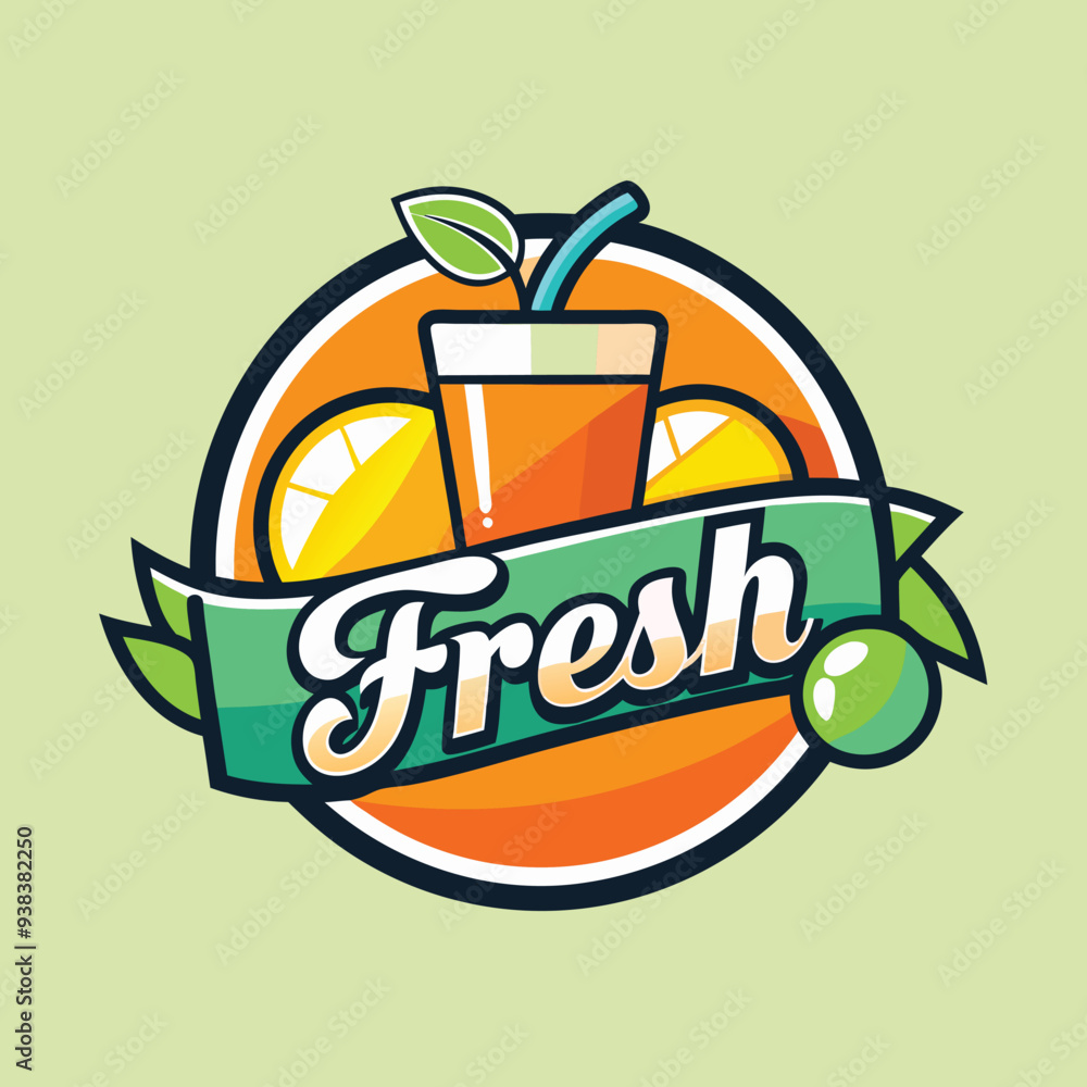 Fototapeta premium Vector logo with calligraphic inscription Fresh juice with green leaves and drops on black background