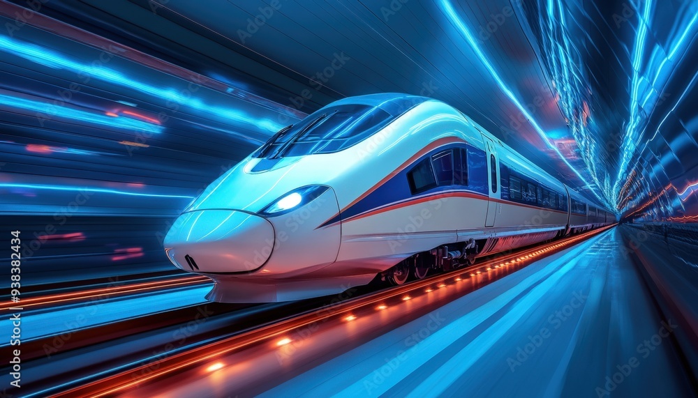 A high-speed train gliding through a futuristic tunnel illuminated by glowing blue and red lights at night A high-speed train gliding through a futuristic tunnel illuminated by glowing blue and red lights at night