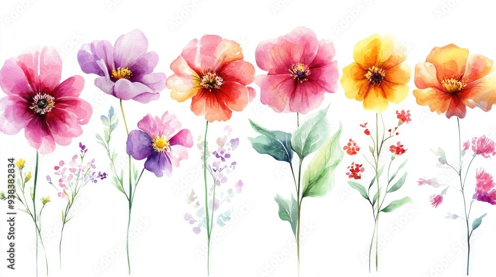 Naklejka premium A vibrant collection of watercolor flowers showcasing delicate petals and lush green leaves, perfect for nature-themed designs.