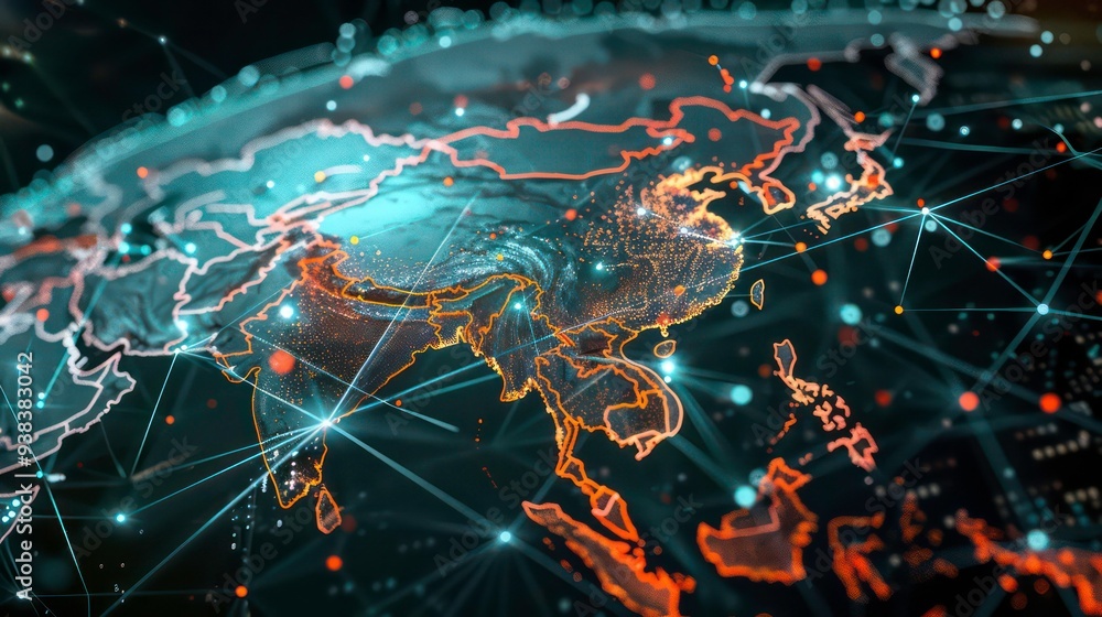 A glowing digital map of Asia with a network of lines and dots connecting the continent. A glowing digital map of Asia with a network of lines and dots connecting the continent.