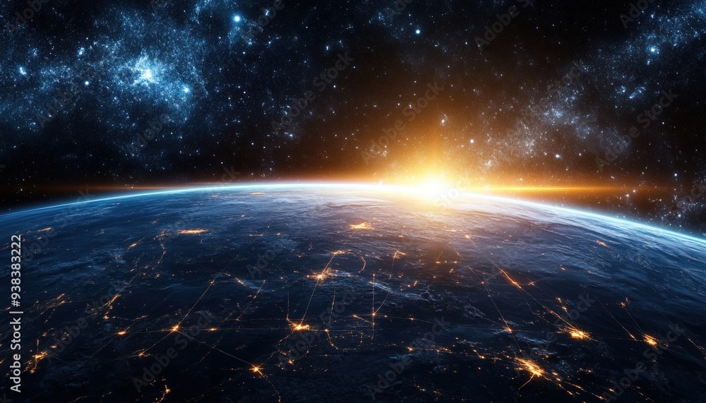 Obraz premium A breathtaking view of Earth at sunrise from space, showcasing vibrant colors and illuminated cities with a starry backdrop