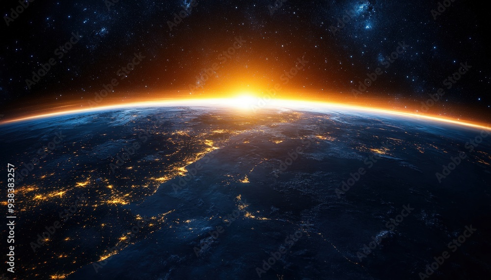 A breathtaking sunrise over Earth captured from space, showcasing illuminated city lights and the curvature of the planet at dawn A breathtaking sunrise over Earth captured from space, showcasing illuminated city lights and the curvature of the planet at dawn