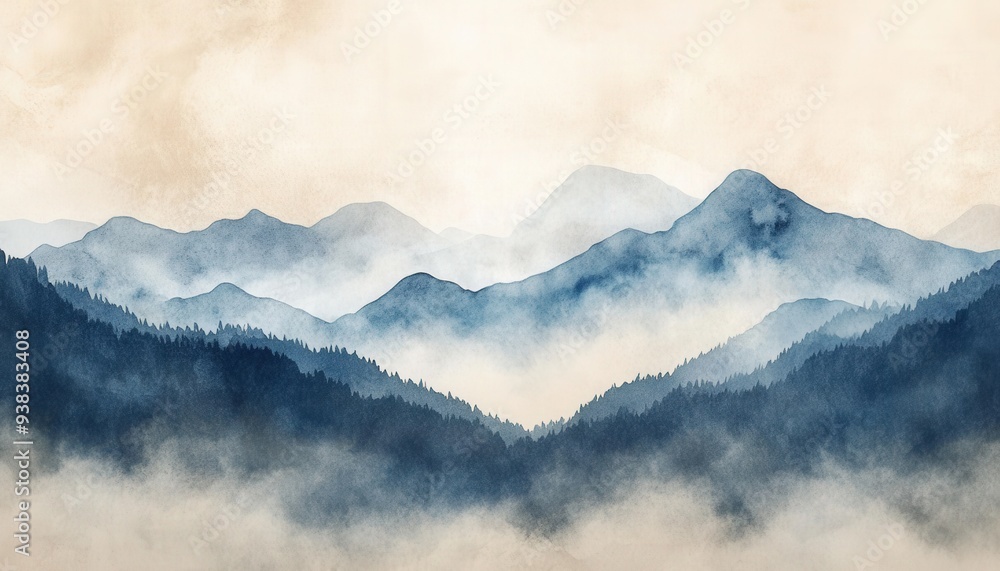Misty mountain landscape showcasing layers of peaks and valleys at dawn with soft pastel hues and atmospheric clouds Misty mountain landscape showcasing layers of peaks and valleys at dawn with soft pastel hues and atmospheric clouds