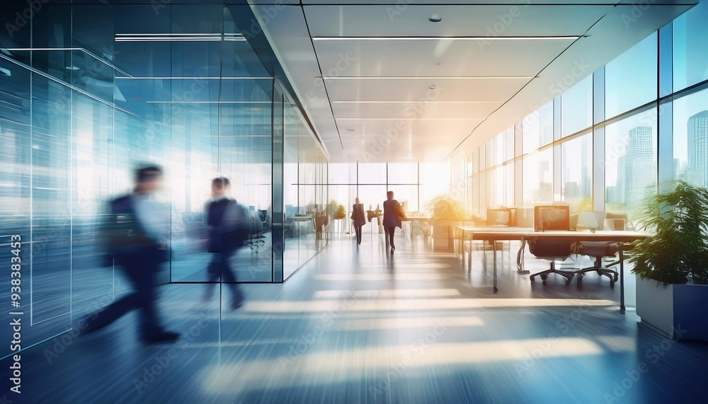 Blurry out of focus background of a bright clean office with desks, computer screens, chairs and business people walking around Blurry out of focus background of a bright clean office with desks, computer screens, chairs and business people walking around