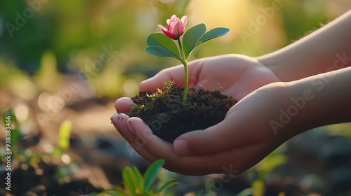 Close-up of hands holding a small plant with pink flower, showcasing the beauty of nature.