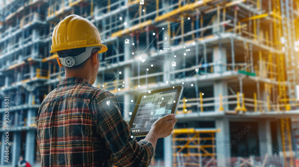 Architect analyzing of under construction project with technology and new innovative on digital tablet and icon network of construction on virtual interface. generative ai Architect analyzing of under construction project with technology and new innovative on digital tablet and icon network of construction on virtual interface. generative ai