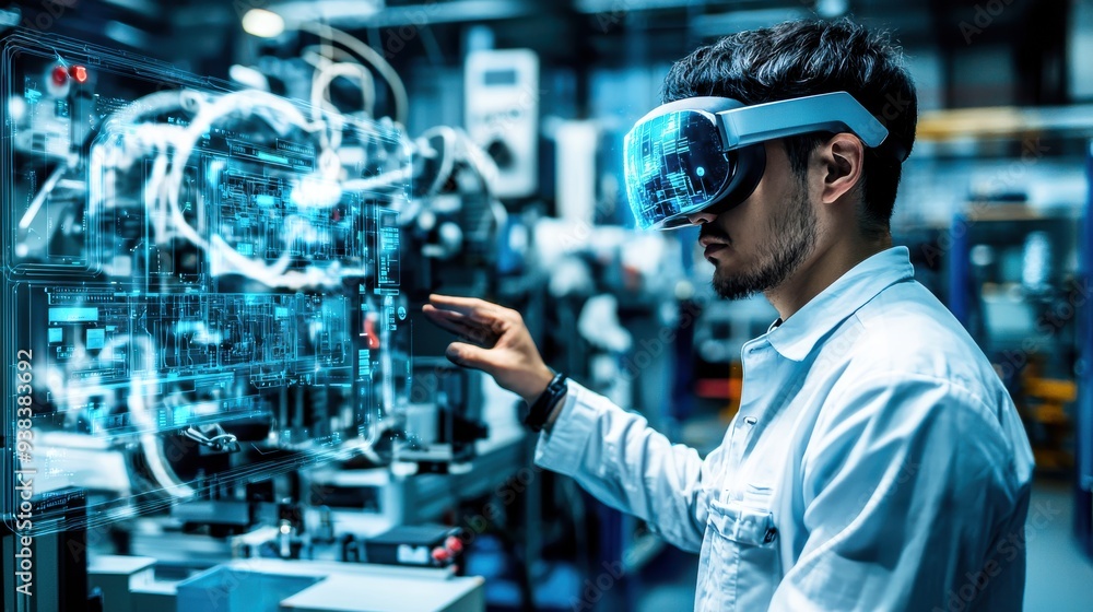 An engineer using AR glasses to oversee AI-driven machines in a smart factory, with 3D visualizations of the production process displayed around them.
An engineer using AR glasses to oversee AI-driven machines in a smart factory, with 3D visualizations of the production process displayed around them.
