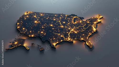 Realistic 3D rendering of the United States map illuminated with glowing lights, depicting a network of cities and connections. A concept for technology, communication, transportation, or urbanization