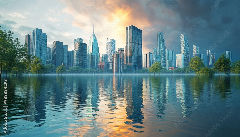 Fototapeta premium City skyline at sunset with reflections in water showcasing contrasting weather and architecture