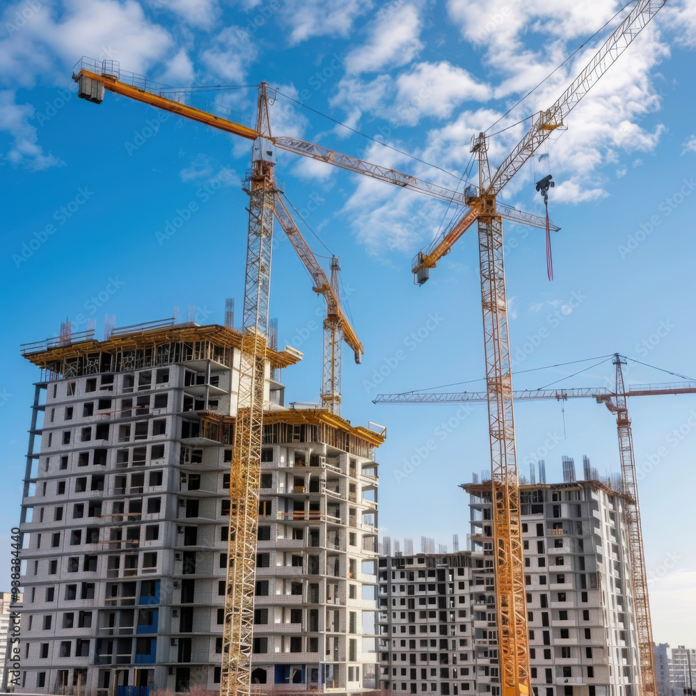 Construction site background. Hoisting cranes and new multi-storey buildings. I.ndustrial background.Building construction site work against blue sky. Construction site background. Hoisting cranes and new multi-storey buildings. I.ndustrial background.Building construction site work against blue sky.