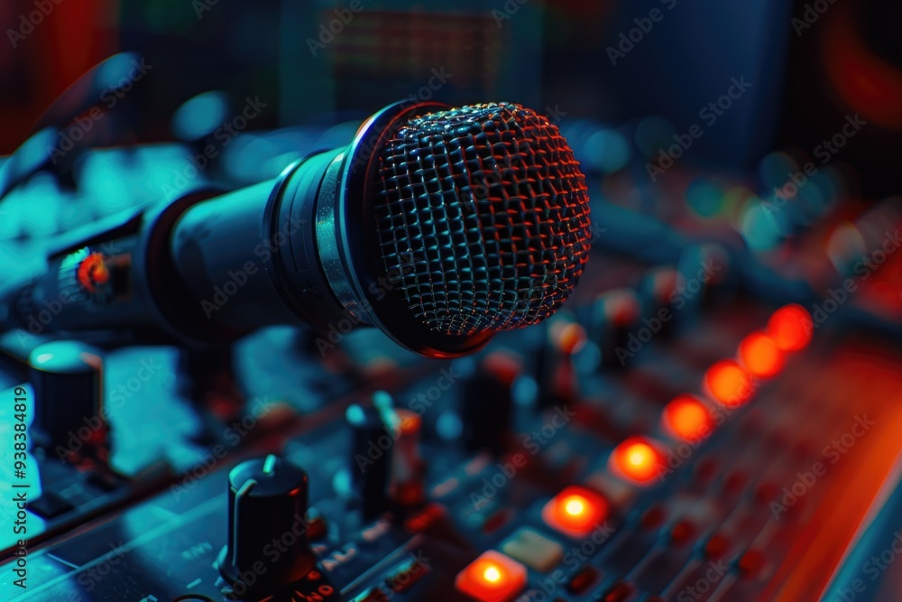 A microphone placed on top of a sound board, ready for use A microphone placed on top of a sound board, ready for use