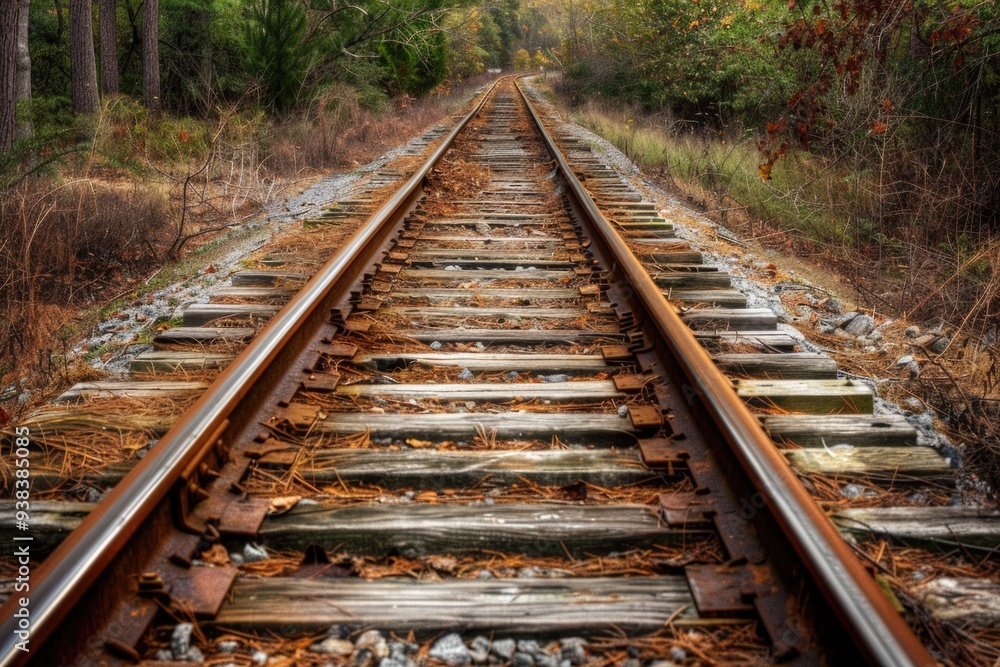 Fototapeta premium A disused railway track covered in autumn foliage, suitable for use in scenes of nostalgia, abandonment or environmental themes