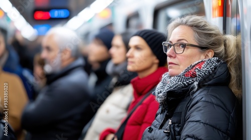 A concerned woman wearing glasses, a black jacket, and a scarf stands in a crowded subway station, leaning against the train door while other passengers wait around her.