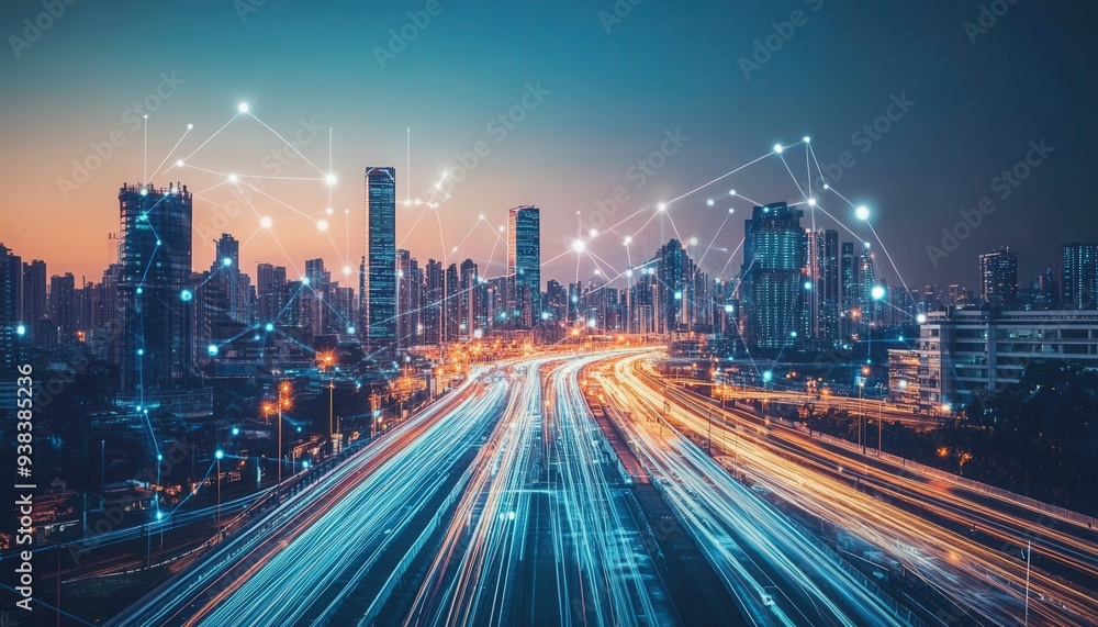 City skyline at dusk with vibrant traffic lights and digital connections illustrating urban life and technology integration City skyline at dusk with vibrant traffic lights and digital connections illustrating urban life and technology integration