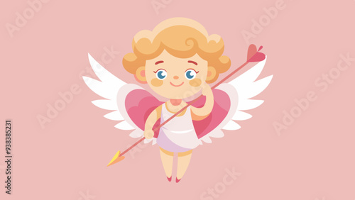 Smiling Cupid Character with Heart Arrow in Pink Background in Cartoon Style