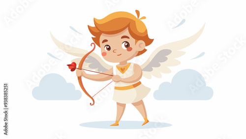 Cute Cupid Character with Bow and Arrow in Cartoon Style against a Cloudy Background