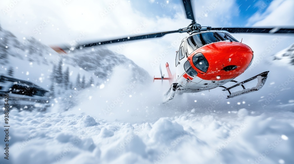 A helicopter with red details lands on a snowy mountain amidst a flurry of flying snow, showcasing an adventurous expedition in extreme winter conditions. A helicopter with red details lands on a snowy mountain amidst a flurry of flying snow, showcasing an adventurous expedition in extreme winter conditions.