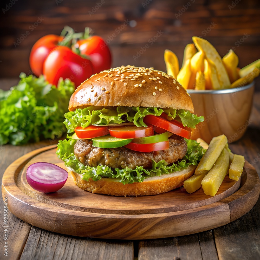 Burger on a wooden plate with fried potatoes. Burger on a wooden plate with fried potatoes.