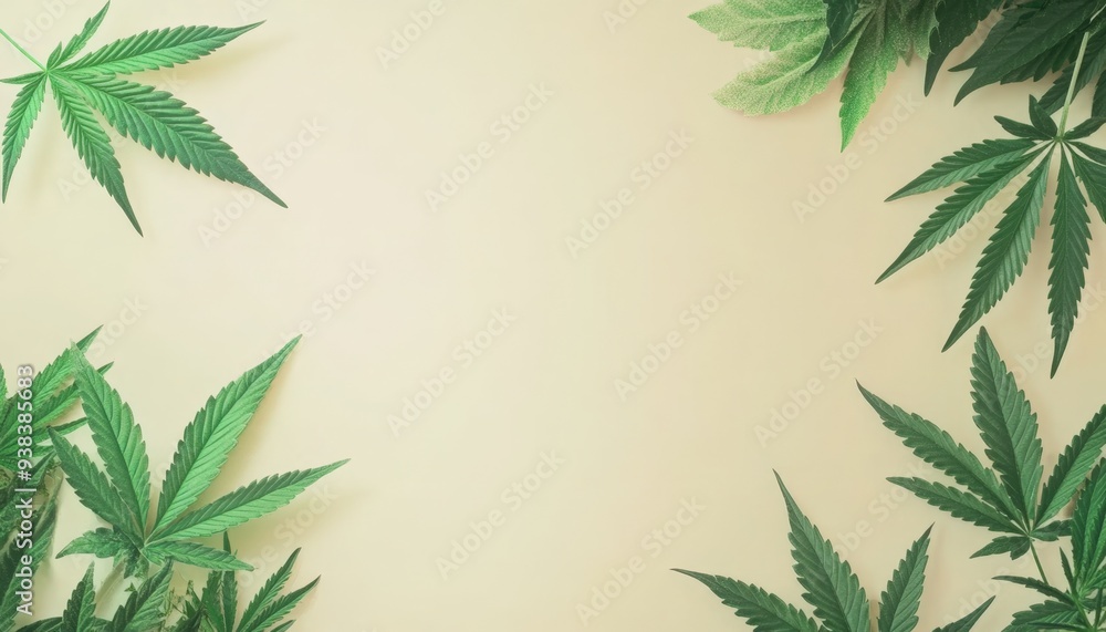 Green cannabis leaves arranged on a light background for a natural and calming aesthetic in an indoor setting Green cannabis leaves arranged on a light background for a natural and calming aesthetic in an indoor setting