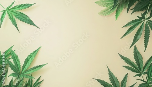 Green cannabis leaves arranged on a light background for a natural and calming aesthetic in an indoor setting