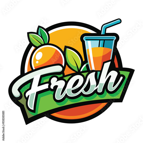 Vector logo with calligraphic inscription Fresh juice with green leaves and drops on black background