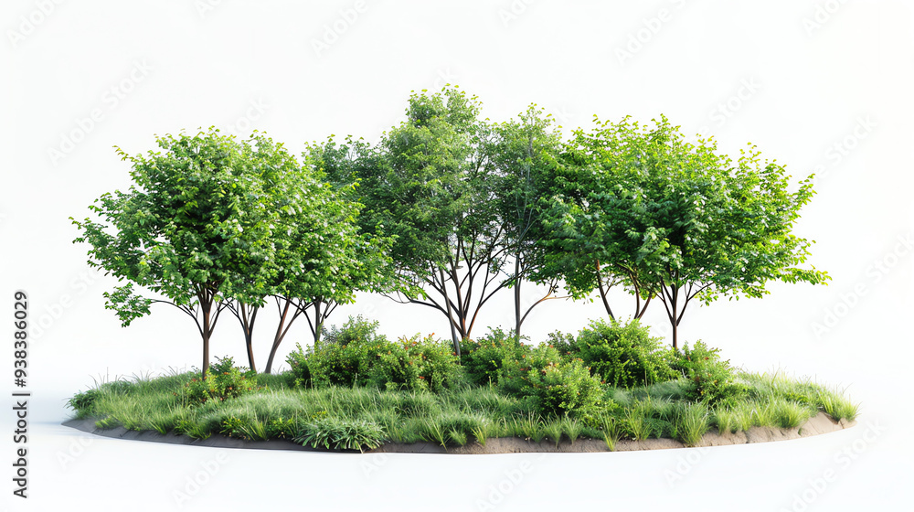 Small group of green trees and bushes on a patch of grass.
Small group of green trees and bushes on a patch of grass.