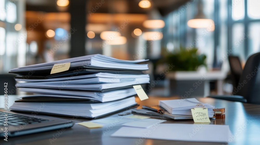 A stack of documents and notebooks are on a wooden desk in an open office with modern decor, captured in a bright and organized work environment. A stack of documents and notebooks are on a wooden desk in an open office with modern decor, captured in a bright and organized work environment.