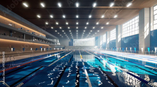 Modern indoor Olympic pool for stadium events with bright lighting. Sports concept.