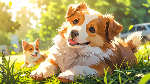 a puppy is laying in the grass with the sun shining through the background.