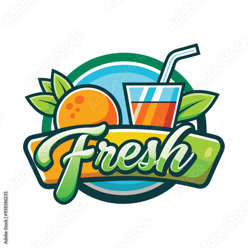 Vector logo with calligraphic inscription Fresh juice with green leaves and drops on black background
