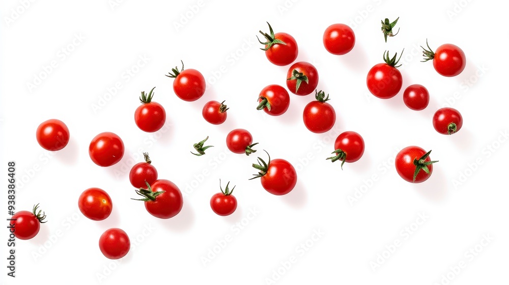 Scattered cherry tomatoes isolated on white background. Scattered cherry tomatoes isolated on white background.