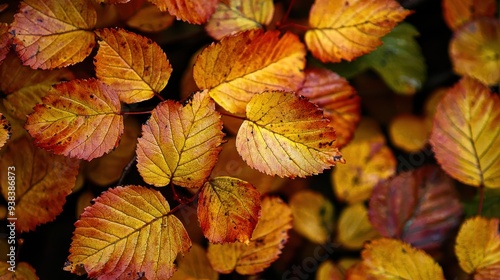 Close-up of vibrant autumn leaves scattered on a park path, highlighting their rich, warm colors and intricate textures against the backdrop of a serene fall landscape