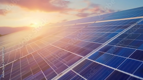 Closeup of solar panels with a bright, blurry sunset in the background.