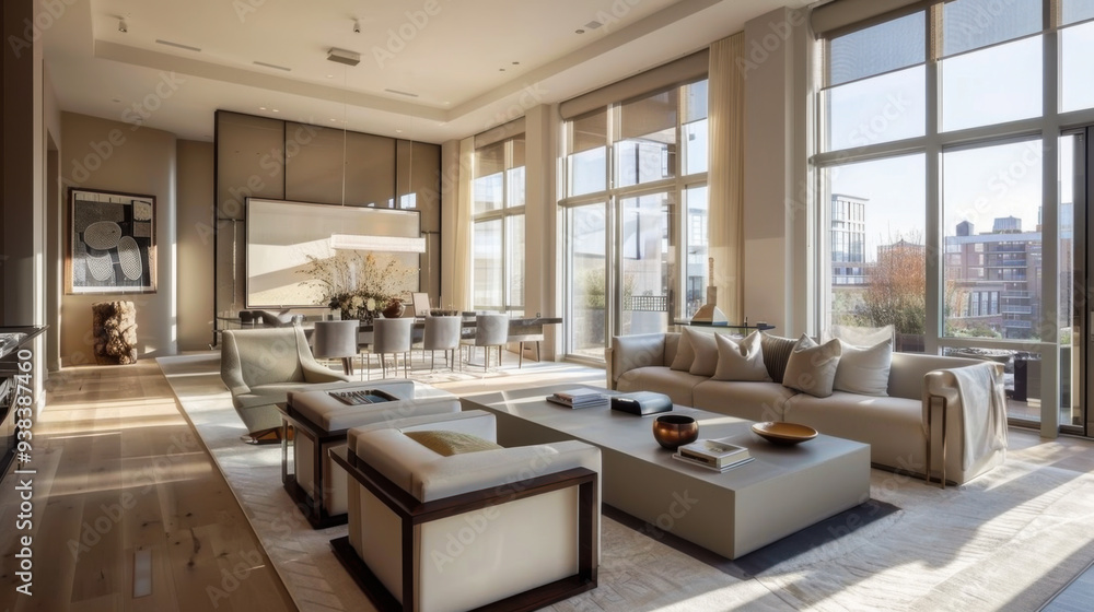 Bright living room with large panoramic windows letting in a lot of sunlight. Design and interior concept. Bright living room with large panoramic windows letting in a lot of sunlight. Design and interior concept.