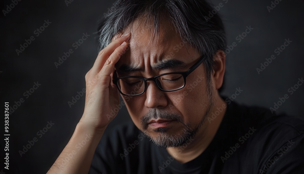 A reflective man with glasses holding his forehead, expressing deep thought or concern, captured in soft lighting against a dark backdrop A reflective man with glasses holding his forehead, expressing deep thought or concern, captured in soft lighting against a dark backdrop