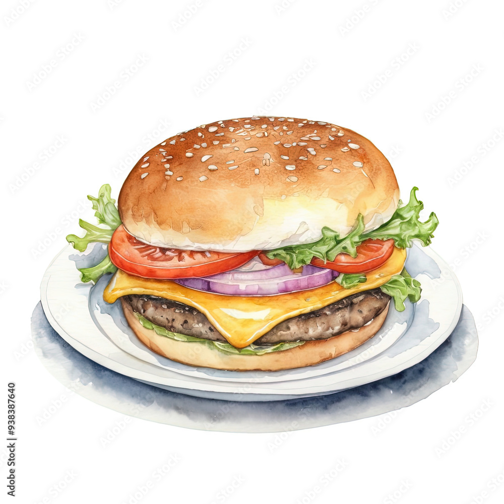 Watercolor illustration of a burger with cheese, tomato, onion, and lettuce. Watercolor illustration of a burger with cheese, tomato, onion, and lettuce.