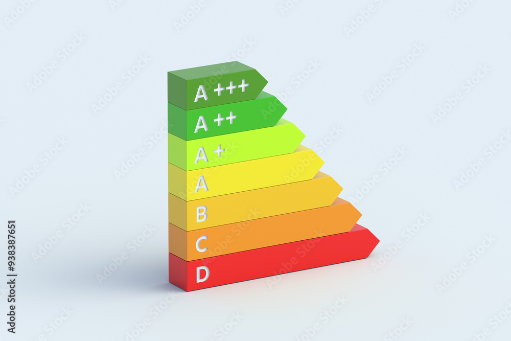 One energy efficiency rating chart on gray background. Electricity consumption scale. 3d render One energy efficiency rating chart on gray background. Electricity consumption scale. 3d render