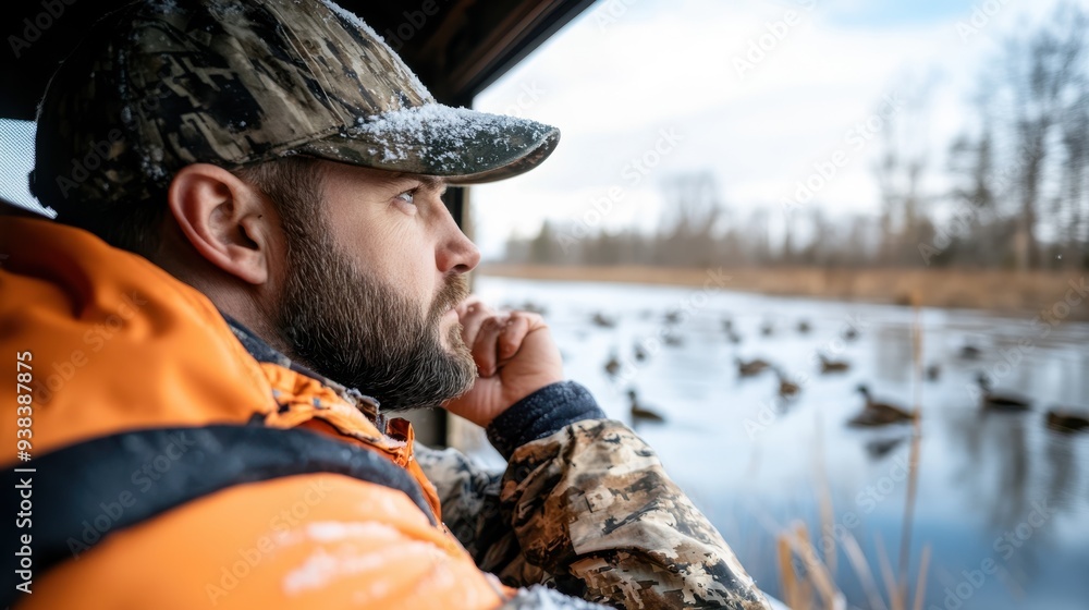 A hunter dressed in camouflage attire and an orange vest is seen observing a lake filled with ducks on a cold day, highlighting the connection with nature and patience in hunting. A hunter dressed in camouflage attire and an orange vest is seen observing a lake filled with ducks on a cold day, highlighting the connection with nature and patience in hunting.