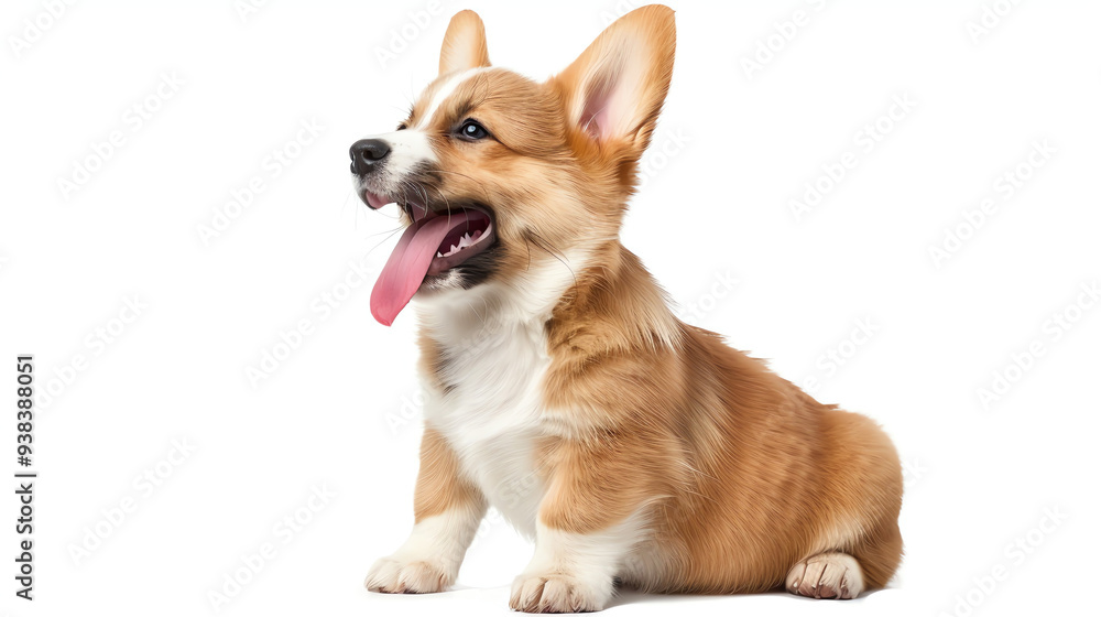 A small, light brown and white puppy is sitting, tongue out. A small, light brown and white puppy is sitting, tongue out.