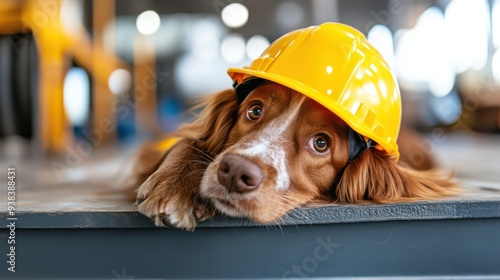 An image of a dog wearing a yellow hard hat, lying down on the floor of a construction site, capturing the humorous and adorable essence of animals in human scenarios. photo