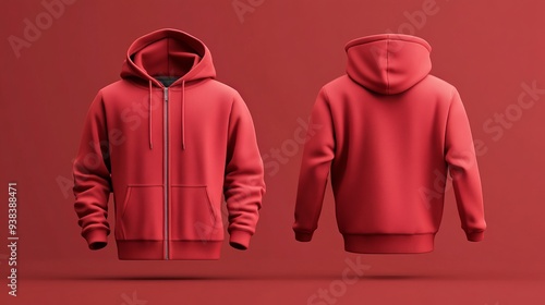 3D mockup of a red hoodie and zipper cardigan photo