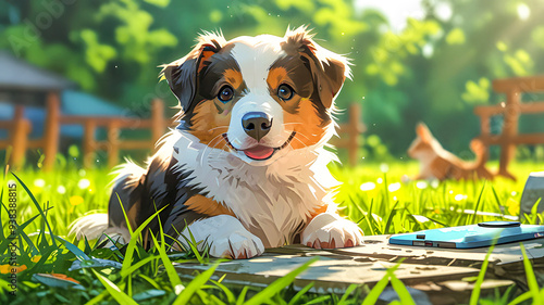 a puppy is laying in the grass with the sun shining through the background.