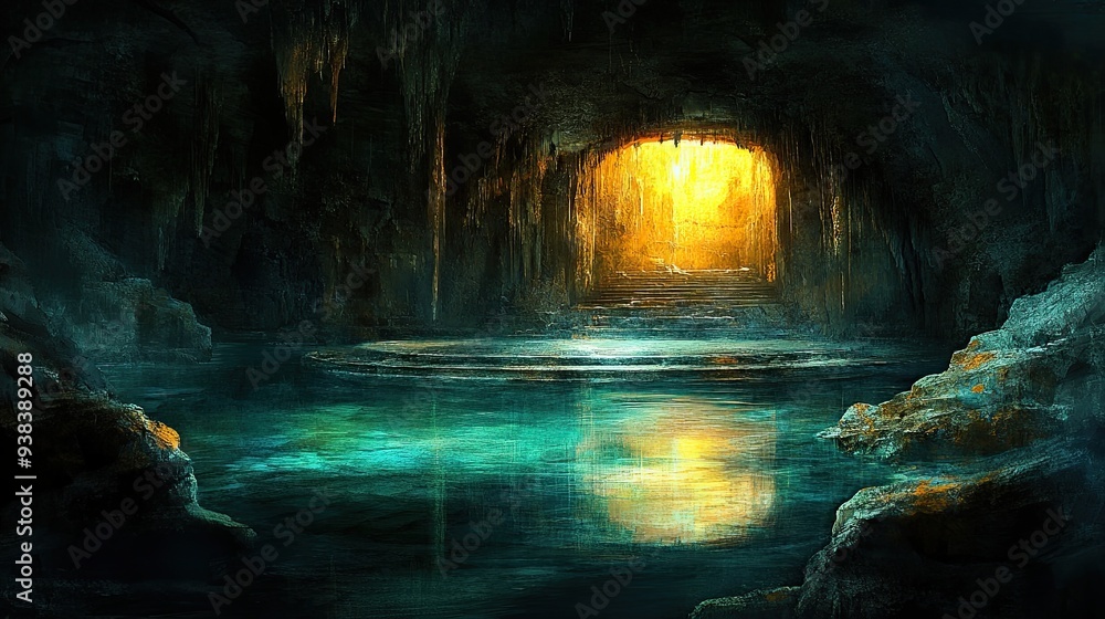 Fototapeta premium A cave with a blue river running through it