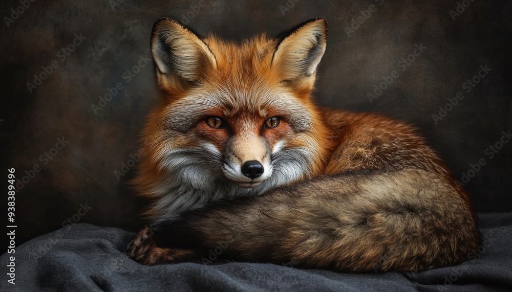 A close-up of a majestic red fox resting on a dark backdrop, showcasing its vibrant fur and intense gaze in a studio setting A close-up of a majestic red fox resting on a dark backdrop, showcasing its vibrant fur and intense gaze in a studio setting