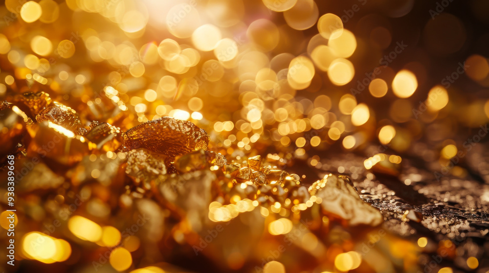 Close-up of grains of gold on a dark table. Concept of wealth, luxury. Close-up of grains of gold on a dark table. Concept of wealth, luxury.