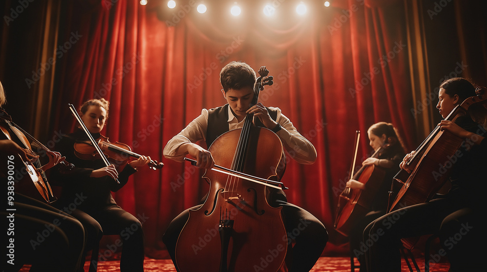 Fototapeta premium Handsome young Male classical music artist passionately playing cello with string quartet musicians sitting in circle in studio with contrast top light against red curtains