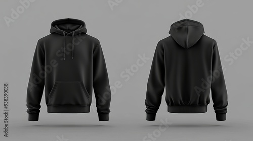 Blank black hoodie mockup showing both front and back views 3D rendering of an empty crewneck hooded sweatshirt isolated Clear template for a loose overall fabric jumper