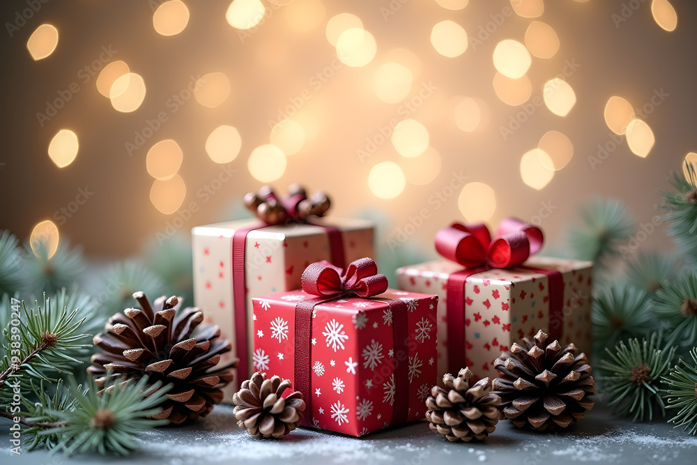 christmas and new year background - gift boxes and pine cones and branches on the background of bokeh garlands christmas and new year background - gift boxes and pine cones and branches on the background of bokeh garlands