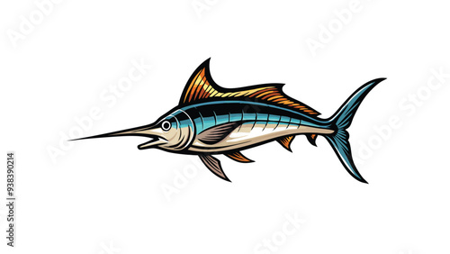 Create a vector illustration of a marlin, a large, predatory fish with a long, pointed bill. Use realistic details and bright colors.