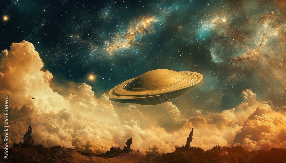 A majestic Saturn surrounded by cosmic clouds and vibrant galaxies in the depths of space during a serene moment of the universe A majestic Saturn surrounded by cosmic clouds and vibrant galaxies in the depths of space during a serene moment of the universe